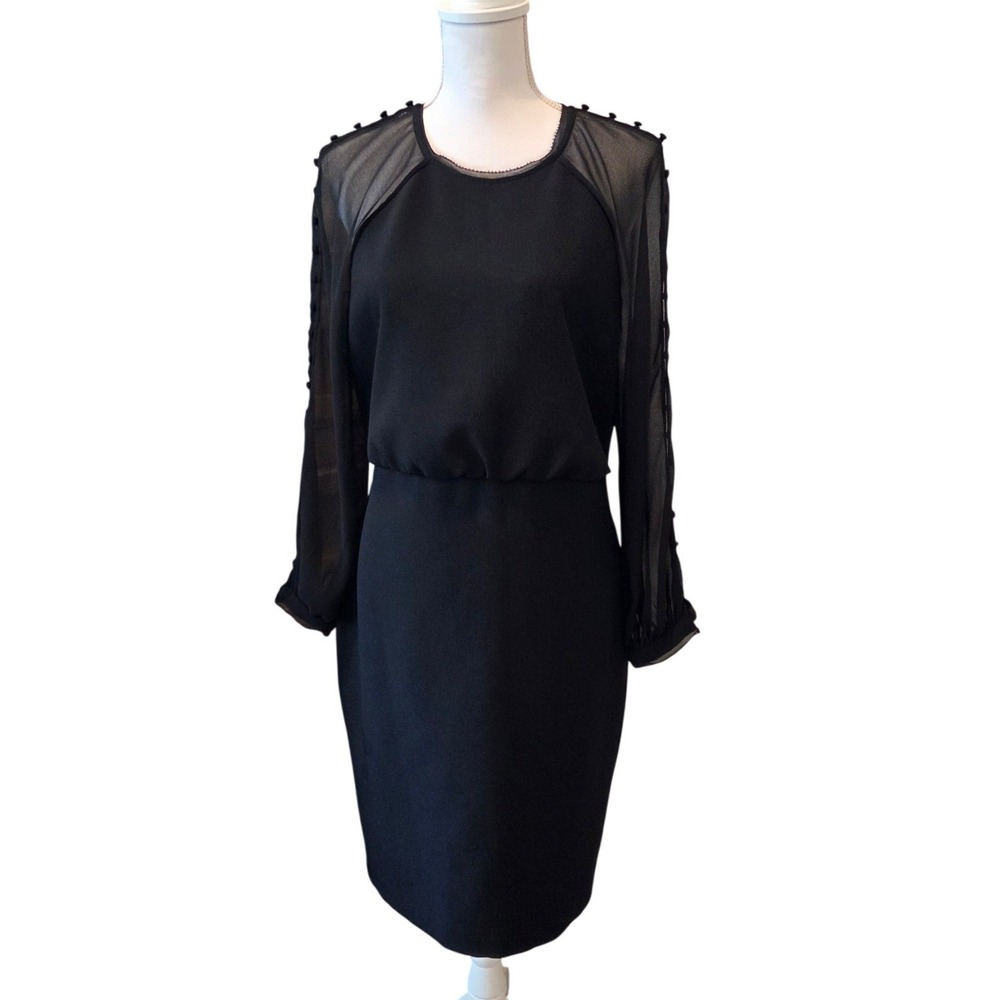 Badgley Mischka Sheer Sleeve Cocktail Dress Button Detail Black Formal Chic 12